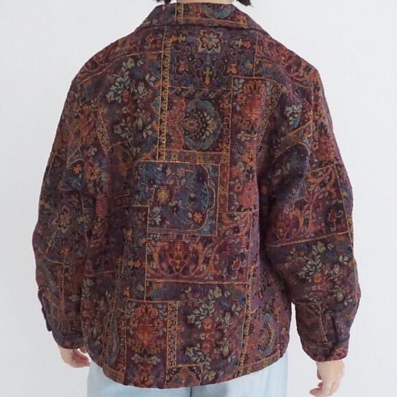 Vintage Touch O Blue Tapestry Floral Patchwork Cottagecore Button Jacket Coat L - Picture 2 of 11